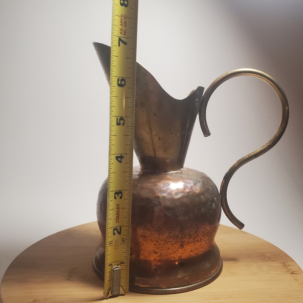 ANTIQUE Copper Pitcher Jug with Brass Accents & Petina Farmhouse Style - Picture 8 of 9